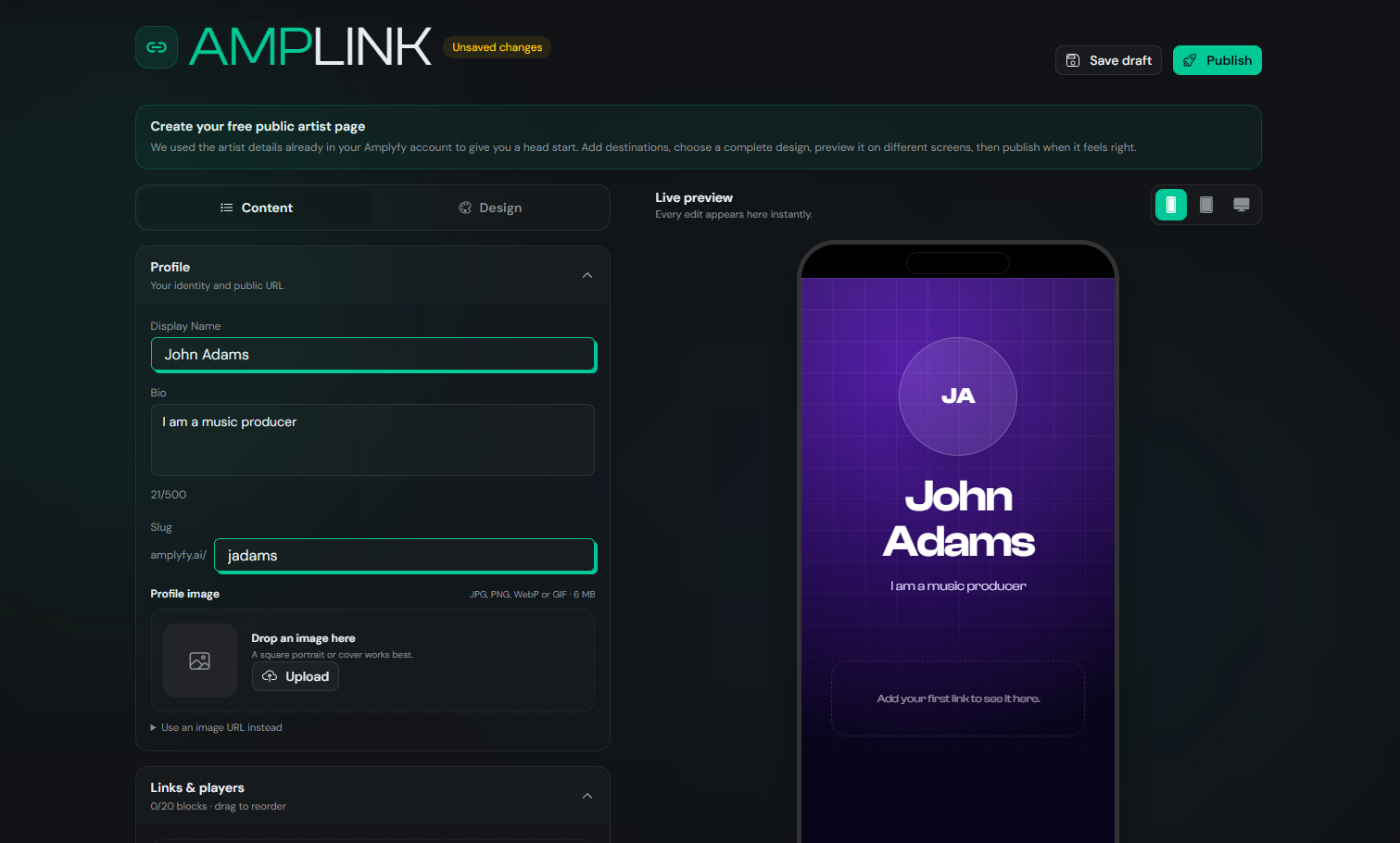 AmpLink editor with a live mobile artist page preview