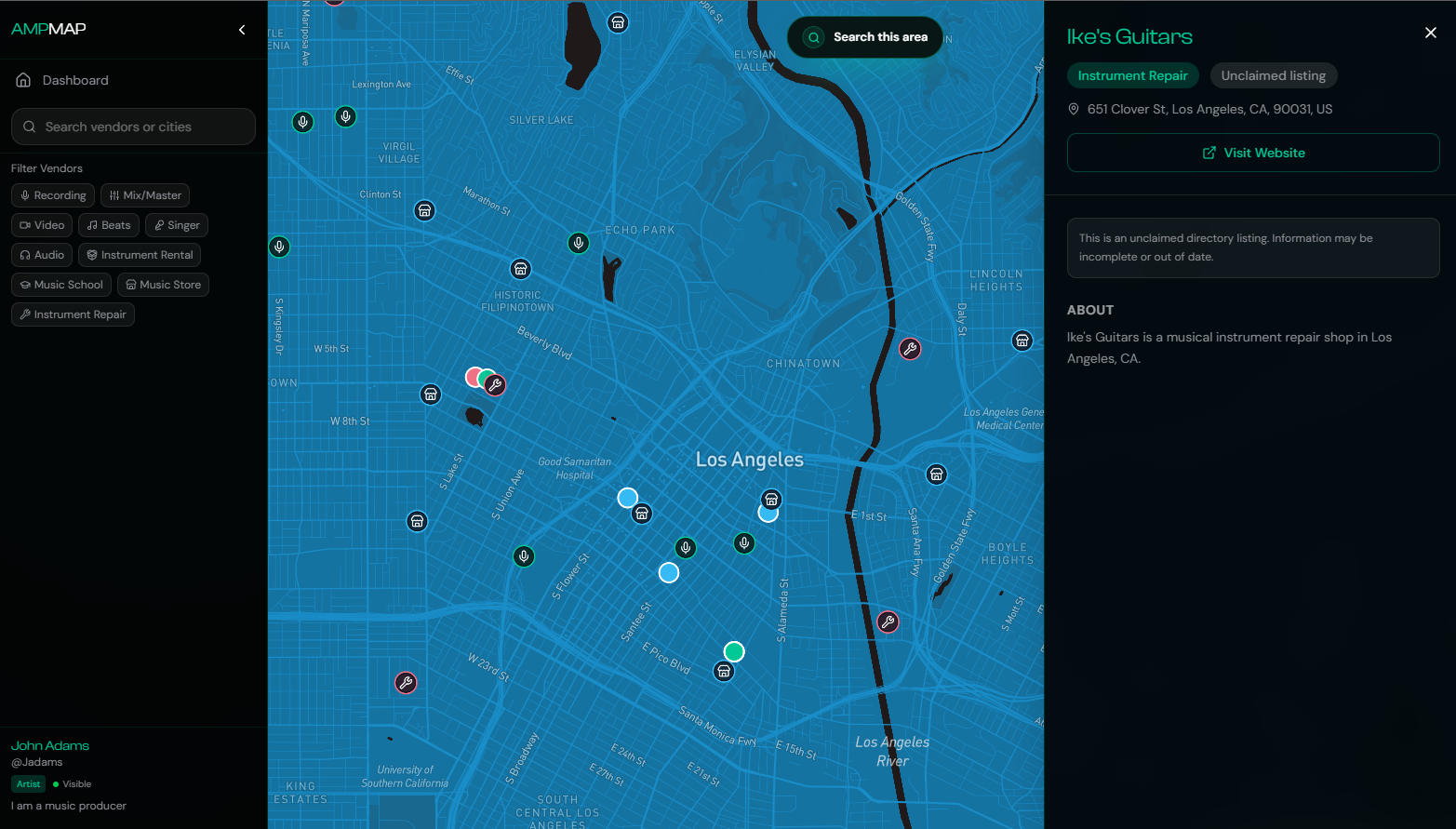 AmpMap product interface showing music businesses across Los Angeles