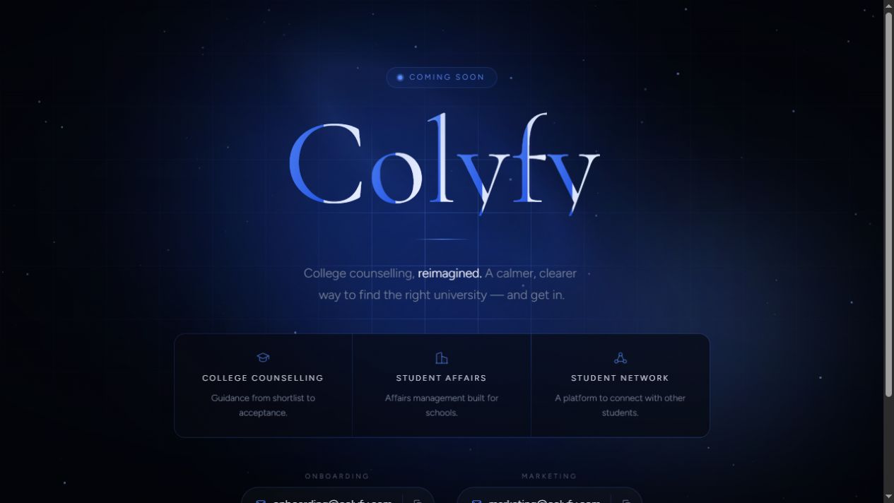 Colyfy website introducing its college counselling and student platform