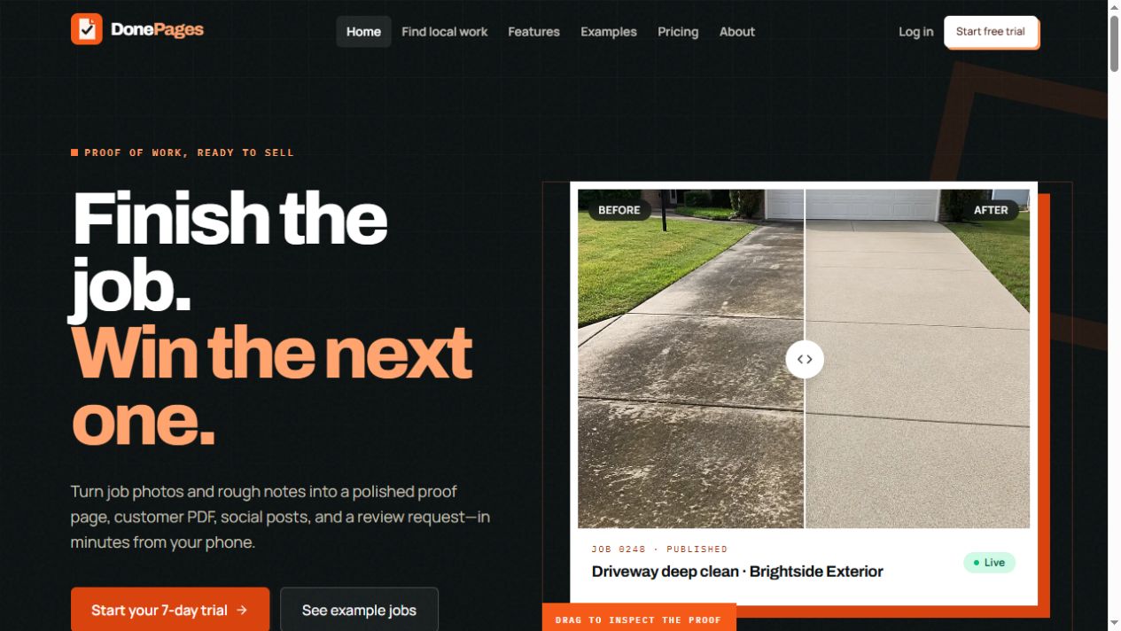 DonePages website showing a finished driveway cleaning project and before-and-after proof