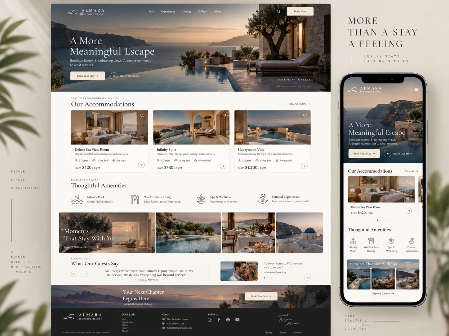 Almara boutique hospitality website design, with desktop and mobile mockups