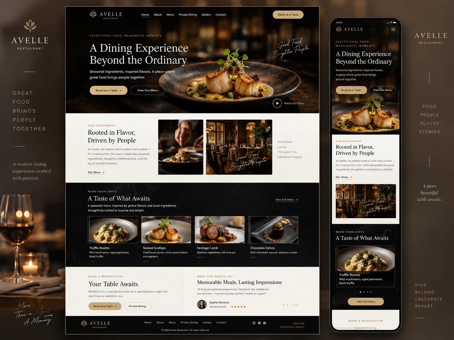 Avelle restaurant & hospitality website design, with desktop and mobile mockups