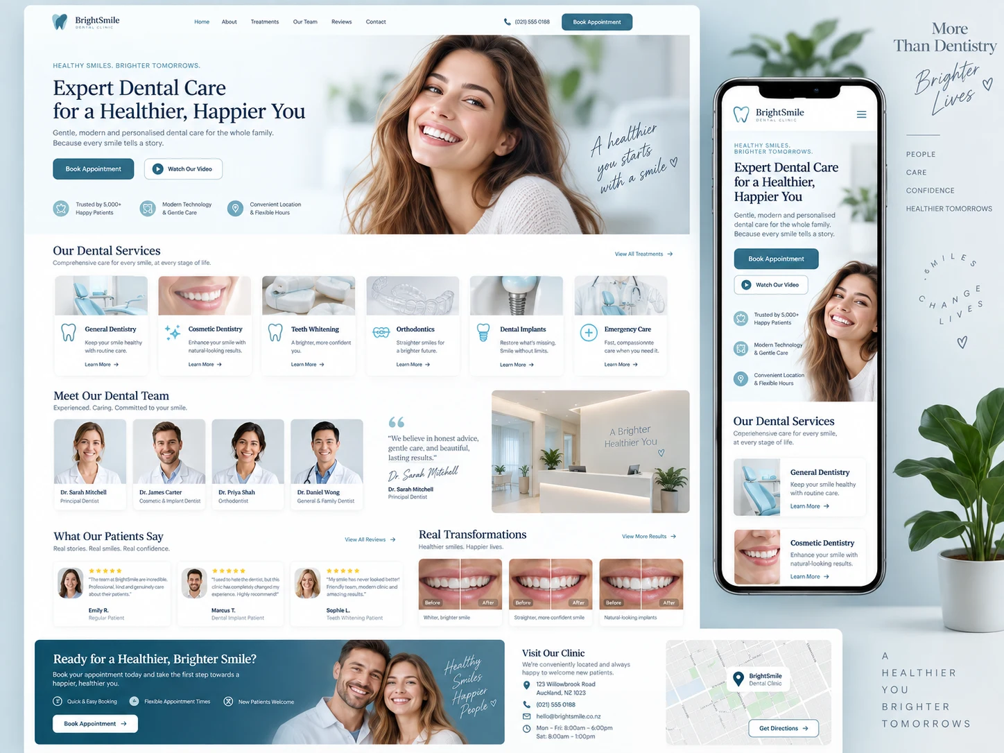BrightSmile dental & healthcare website design, with desktop and mobile mockups