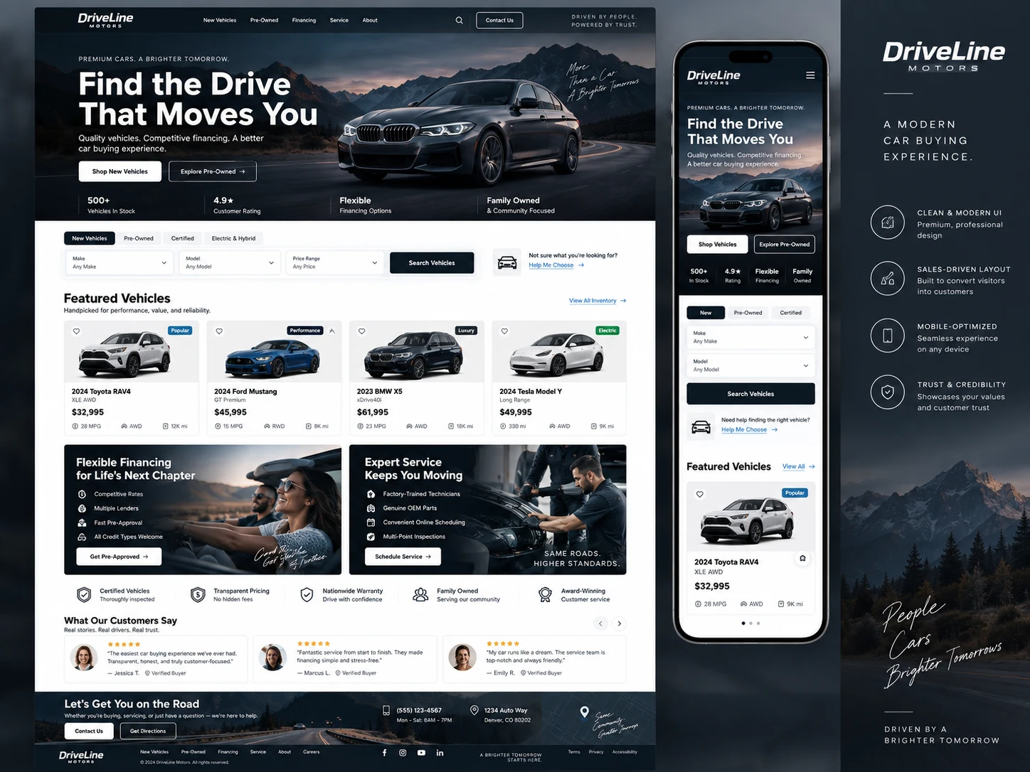 DriveLine automotive website design, with desktop and mobile mockups