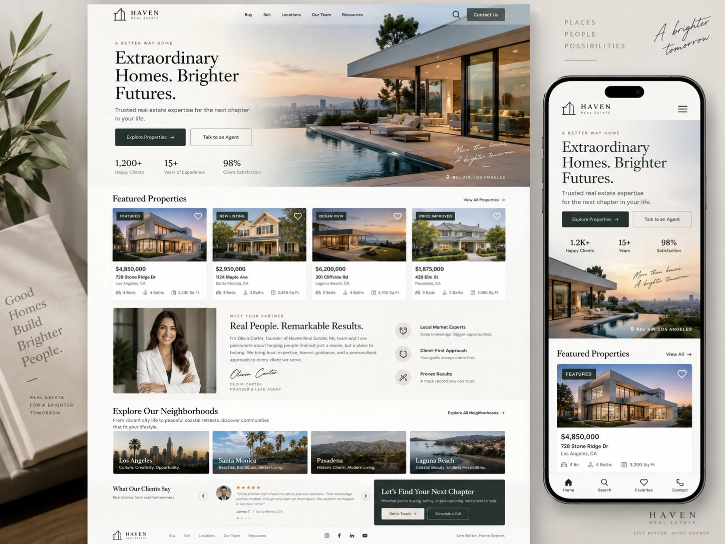 Haven real estate website design, with desktop and mobile mockups