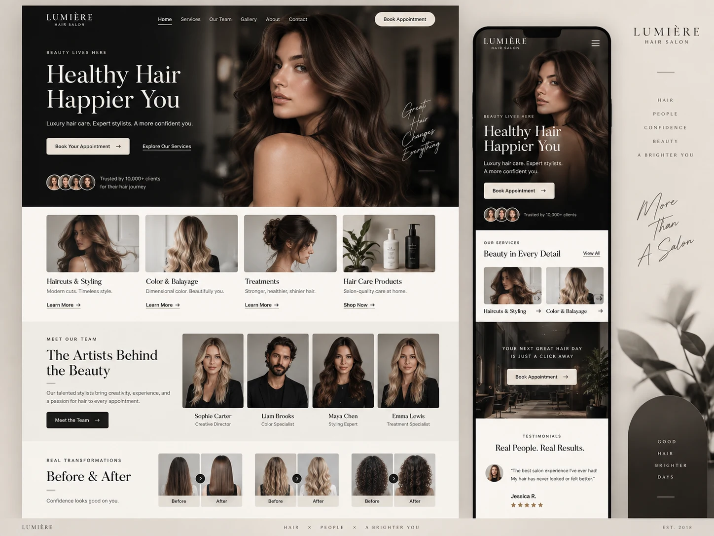 Lumière beauty & hair website design, with desktop and mobile mockups