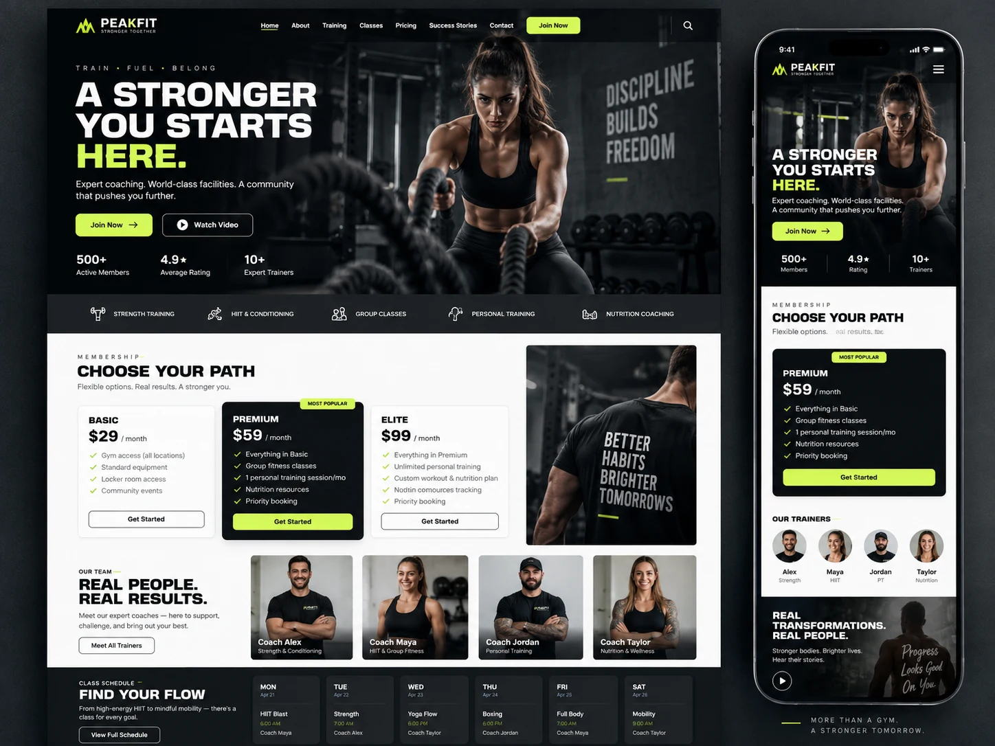 PeakFit fitness & training website design, with desktop and mobile mockups