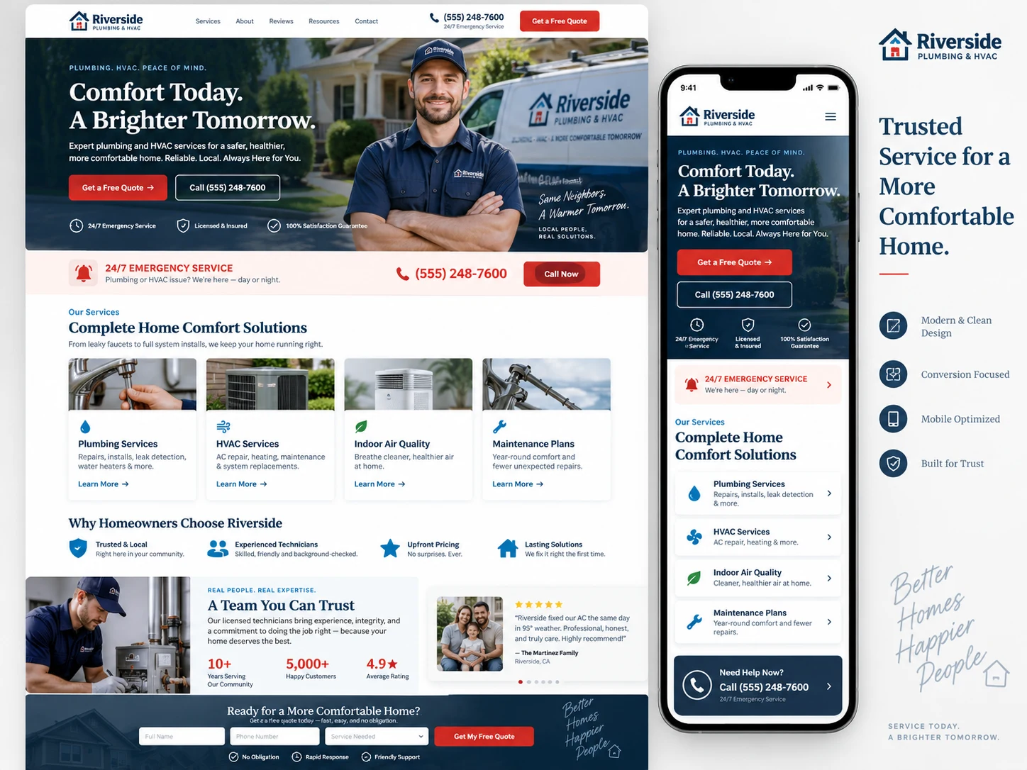 Riverside plumbing & hvac website design, with desktop and mobile mockups