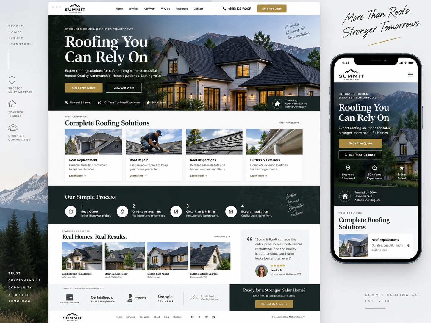 Summit roofing & home services website design, with desktop and mobile mockups