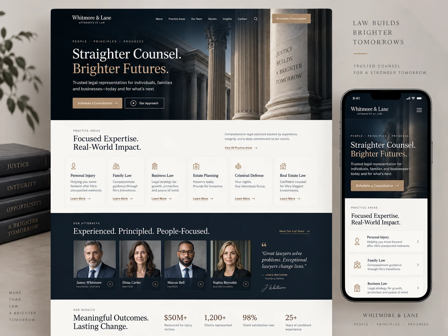 Whitmore & Lane legal services website design, with desktop and mobile mockups