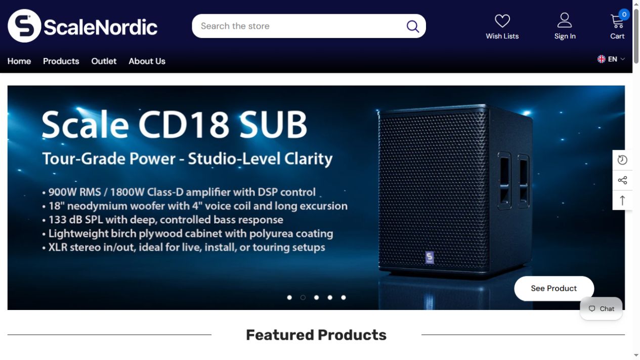 ScaleNordic pro-audio store featuring a professional subwoofer