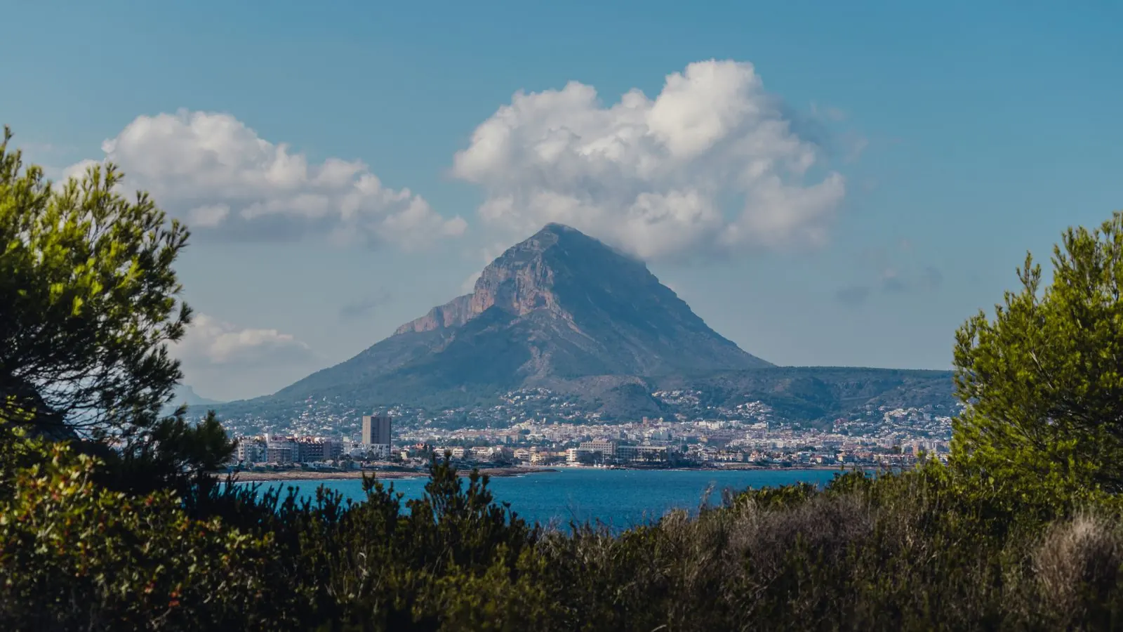 The Montgó mountain above the town and bay of Jávea, framed by pine trees